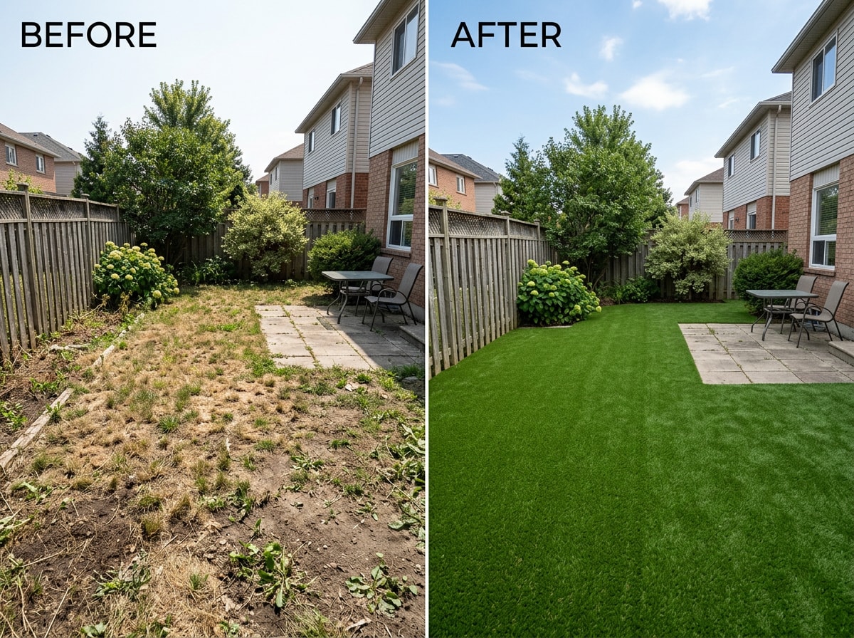 Before and after view of a Wichita backyard converted from patchy natural grass to artificial turf