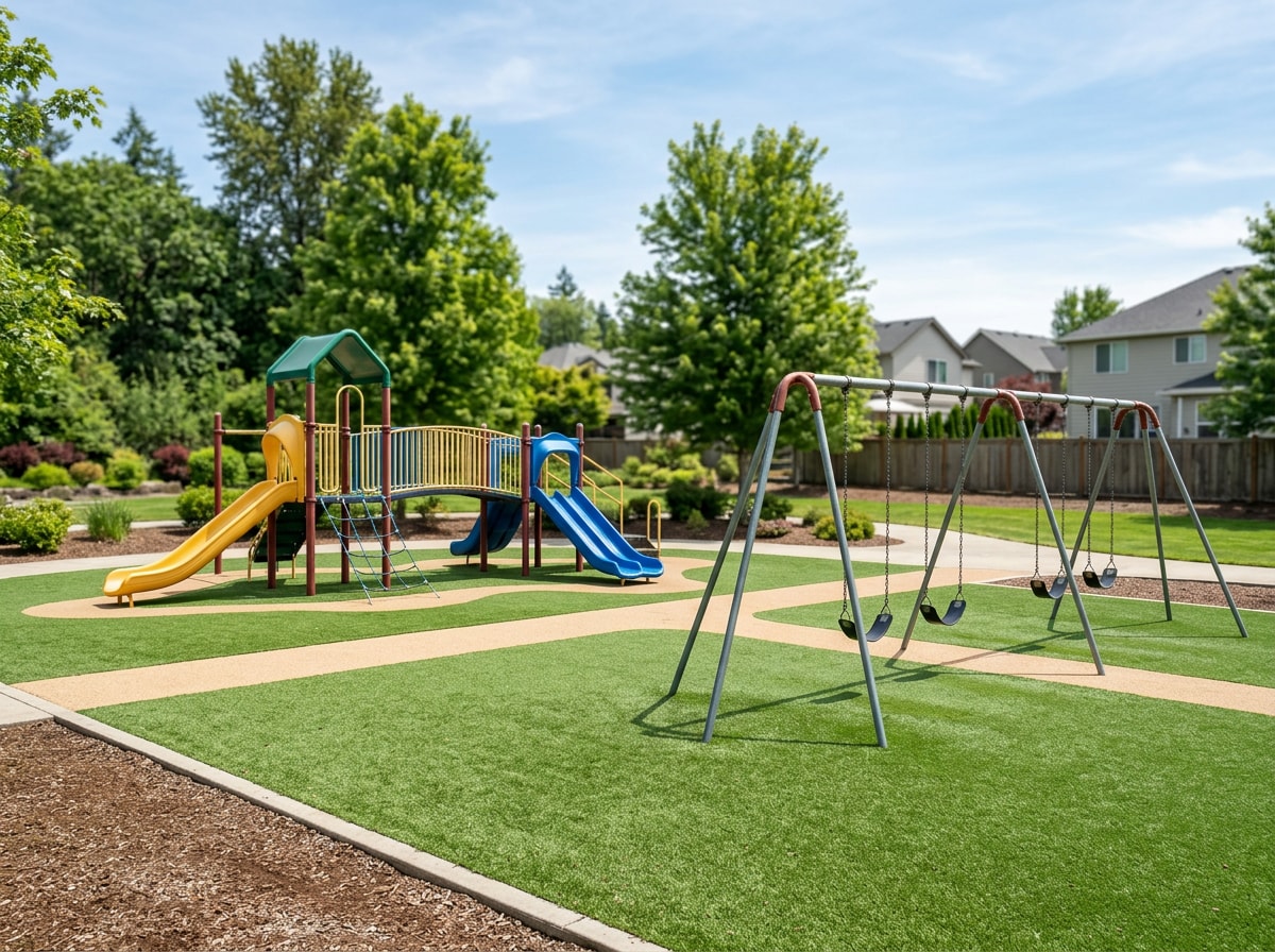 Children's playground with soft artificial turf surfacing installed at a Wichita park