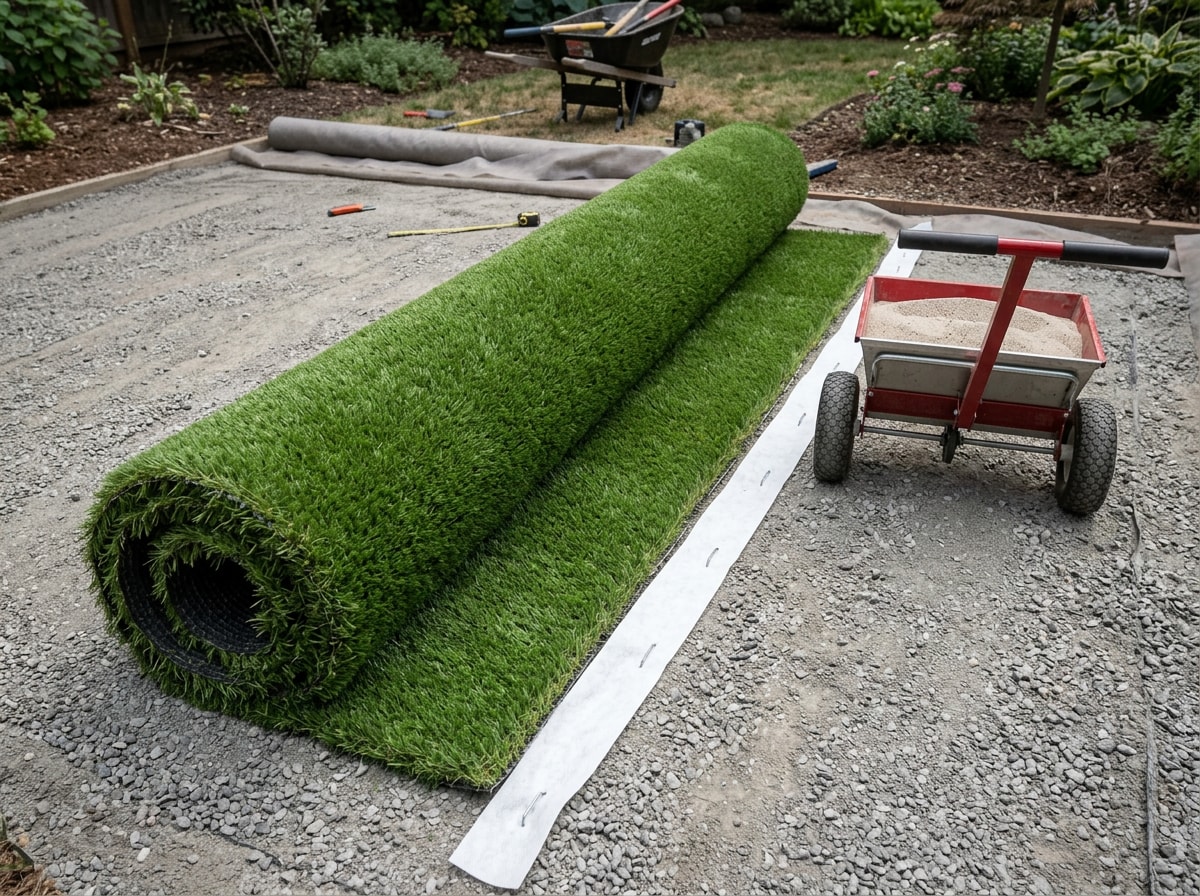 Installer laying synthetic turf panels over a compacted base during a Wichita backyard installation