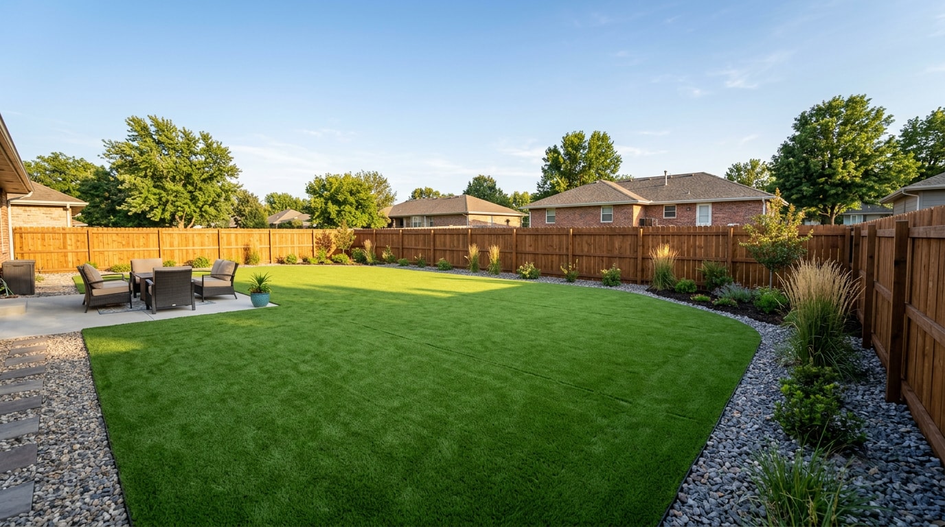 Finished artificial turf backyard landscaping installation in Wichita, Kansas Finished artificial turf backyard landscaping installation in Wichita, Kansas