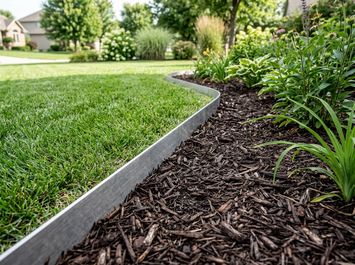 Steel edging separating a mulched flower bed from a freshly cut lawn