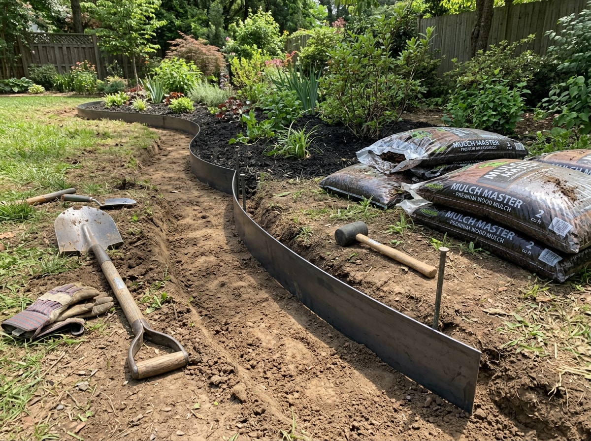 Landscape crew installing steel edging along a curved garden bed in a Wichita yard