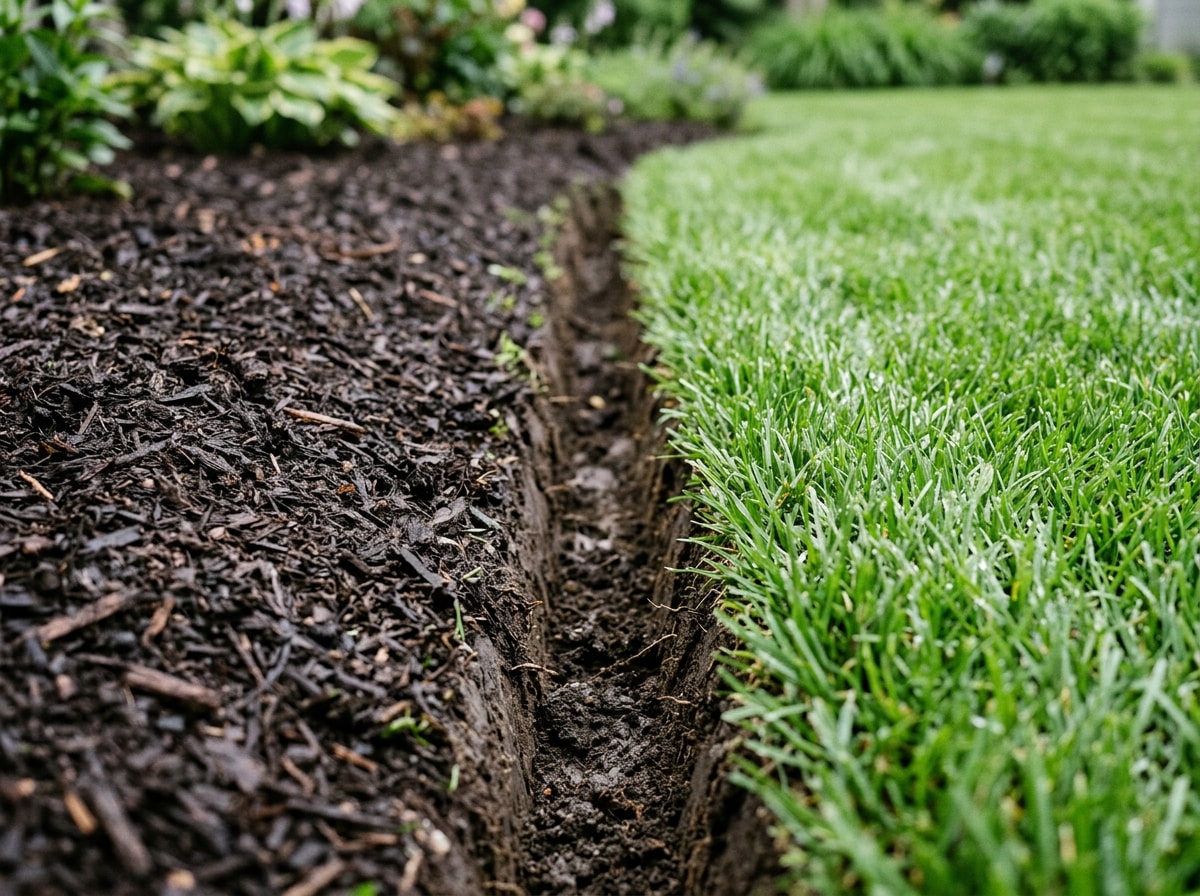 Close-up of a redefined V-trench garden edge with fresh mulch