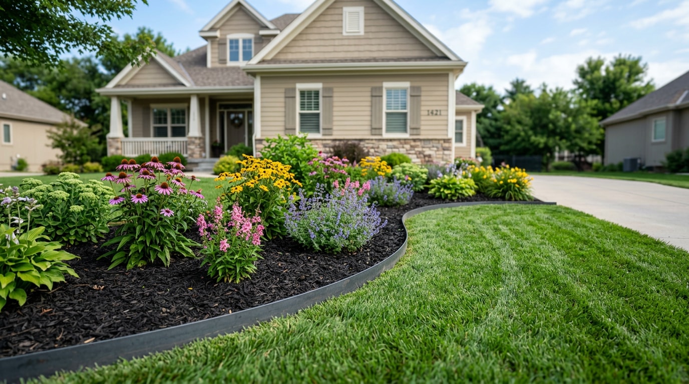 Clean steel garden edging separating mulch bed from lawn in a Wichita, KS front yard