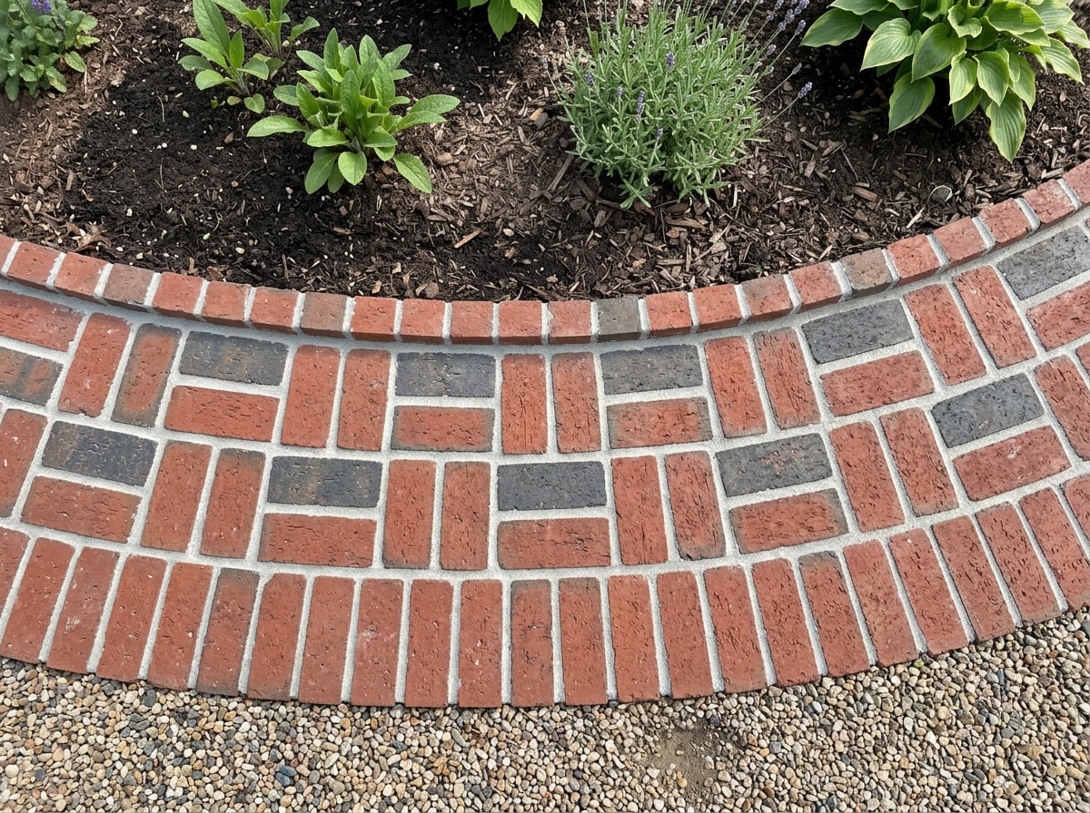 Brick edging patterns including soldier course and basketweave design for garden borders
