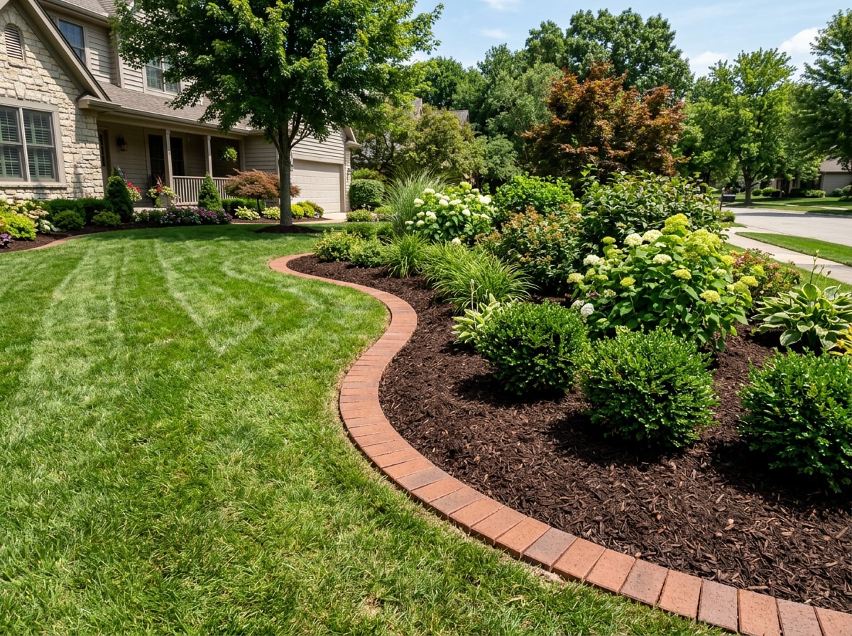 Brick edging installed along a garden bed border in a Park City, KS front yard landscape