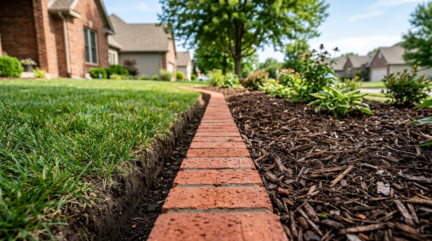 Freshly installed brick edging border between a lawn and mulched garden bed Freshly installed brick edging border between a lawn and mulched garden bed