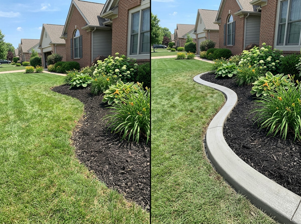 Before-and-after concrete curbing installed around a Haysville, KS flower bed