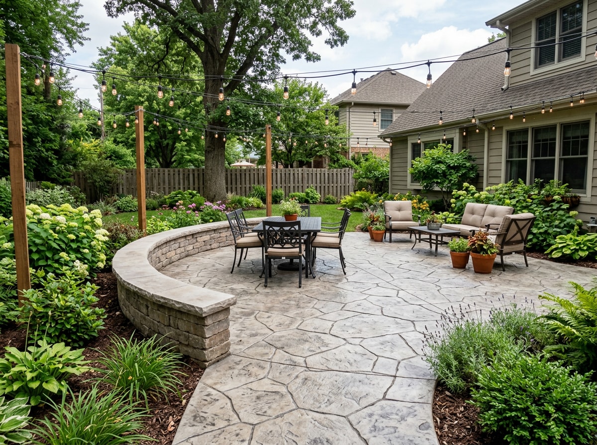 Finished stamped concrete patio with a seating wall in a Haysville, KS backyard