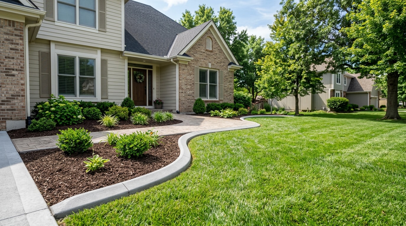 Finished concrete curbing and walkway landscaping in a Haysville, KS front yard