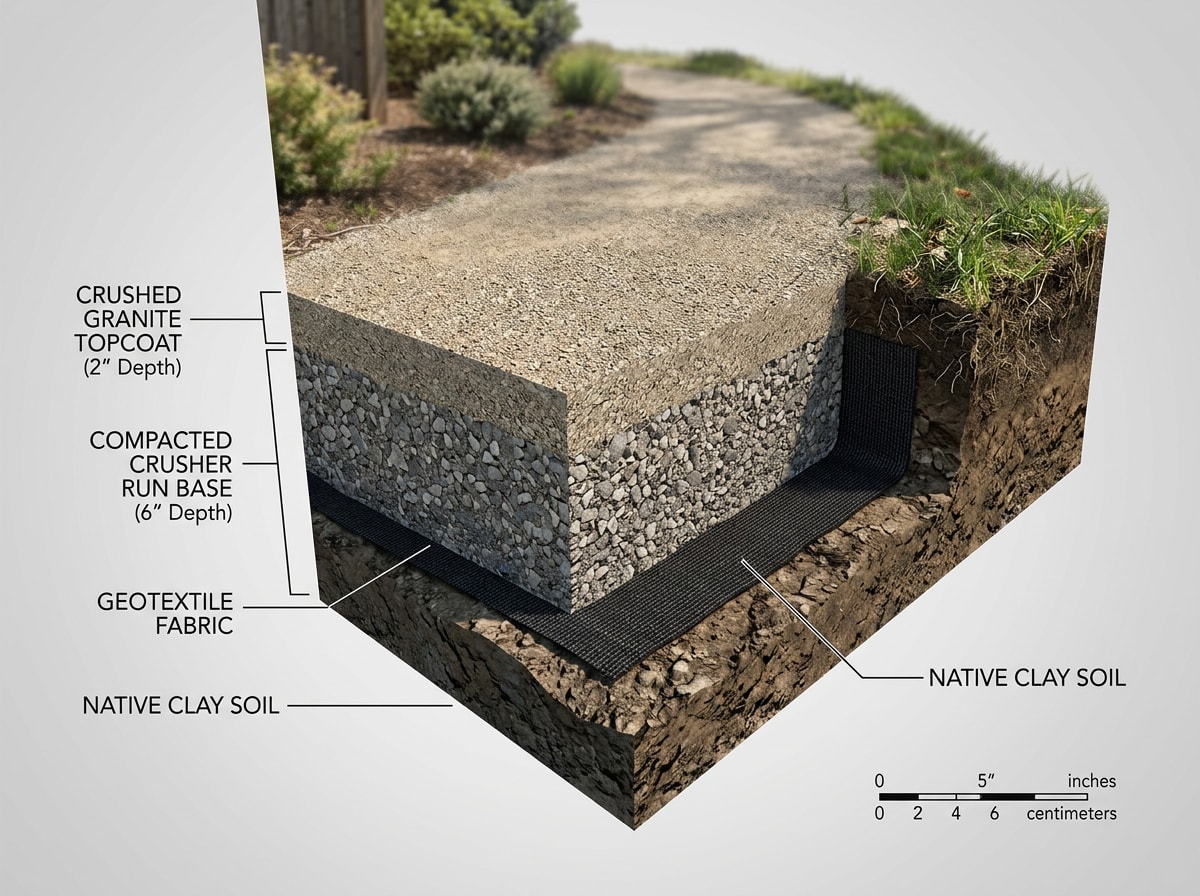 Layered cross-section showing geotextile fabric, compacted base, and crushed granite topcoat over clay soil
