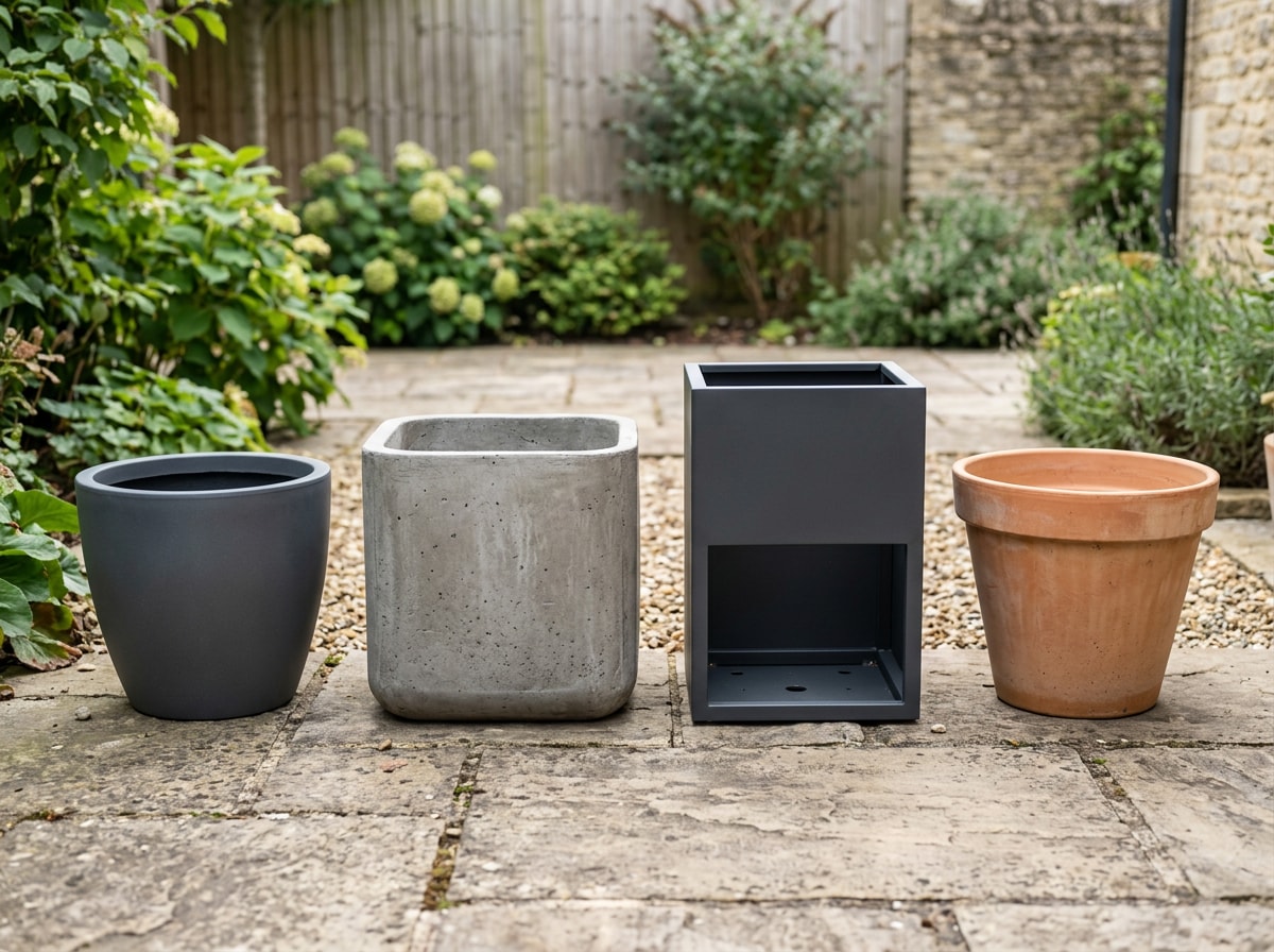 Side-by-side comparison of fiberglass, concrete, metal, and terracotta pots for front yard landscaping