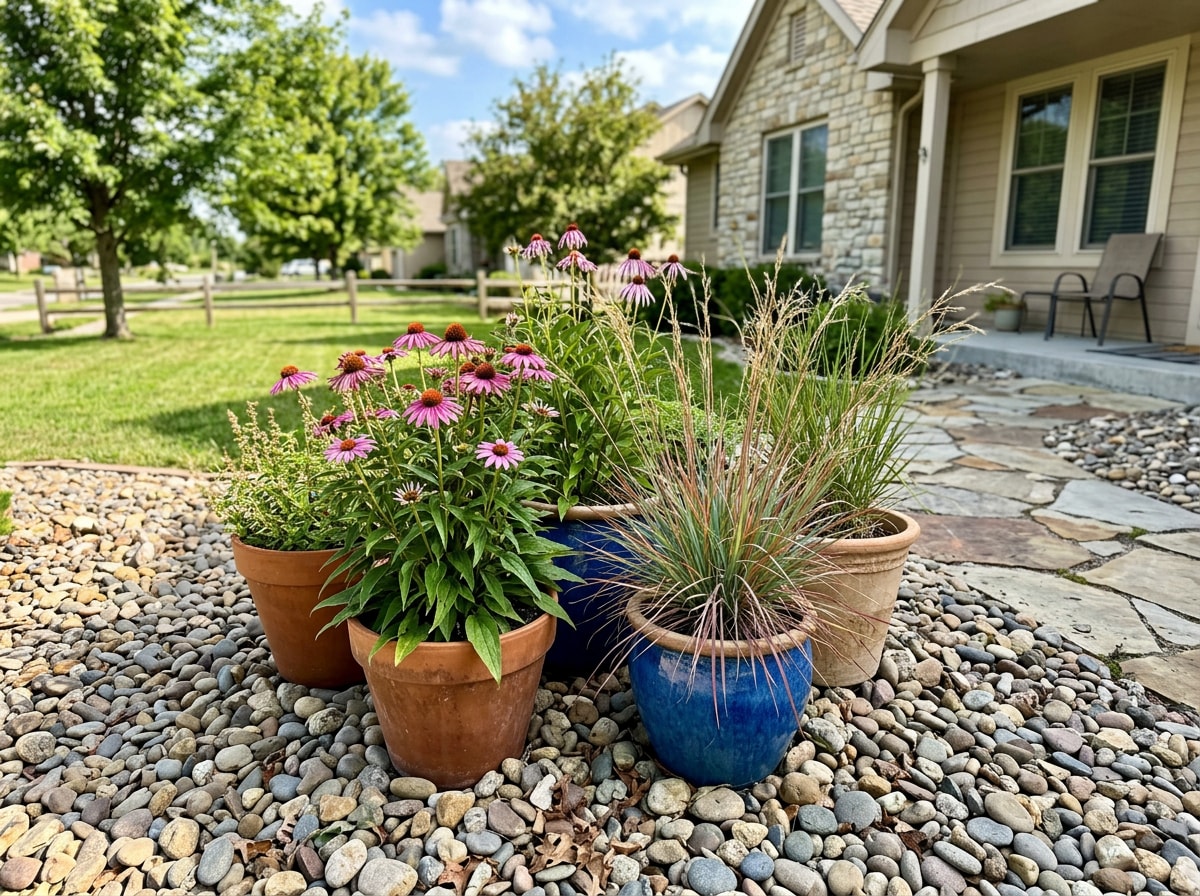 Decorative pots with drought-tolerant native plants surrounded by river rock