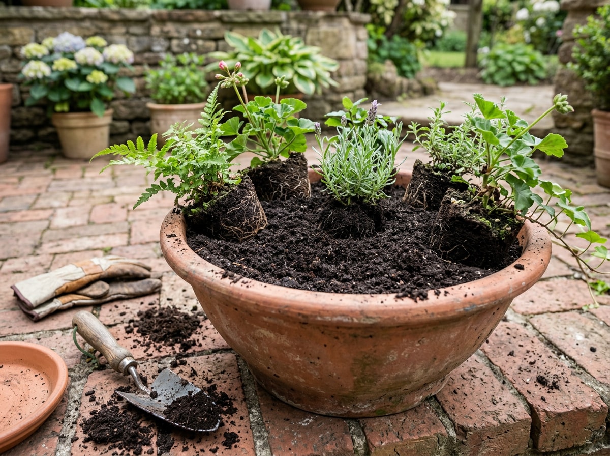 Hands filling a planter with soil during the potting process for front yard container plants
