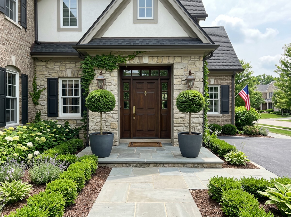 Matching topiary trees in fiberglass pots flanking a front entrance