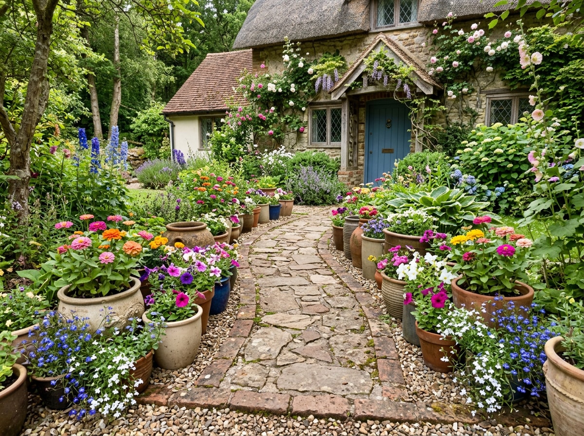 Mismatched pots filled with colorful annuals lining a front walkway in a cottage garden style