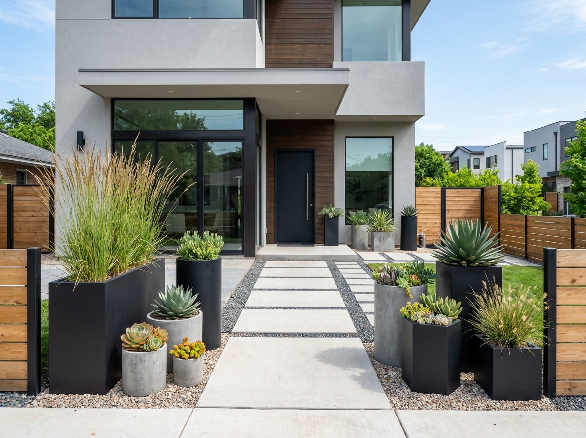 Modern minimalist planters with ornamental grasses in a clean front yard design