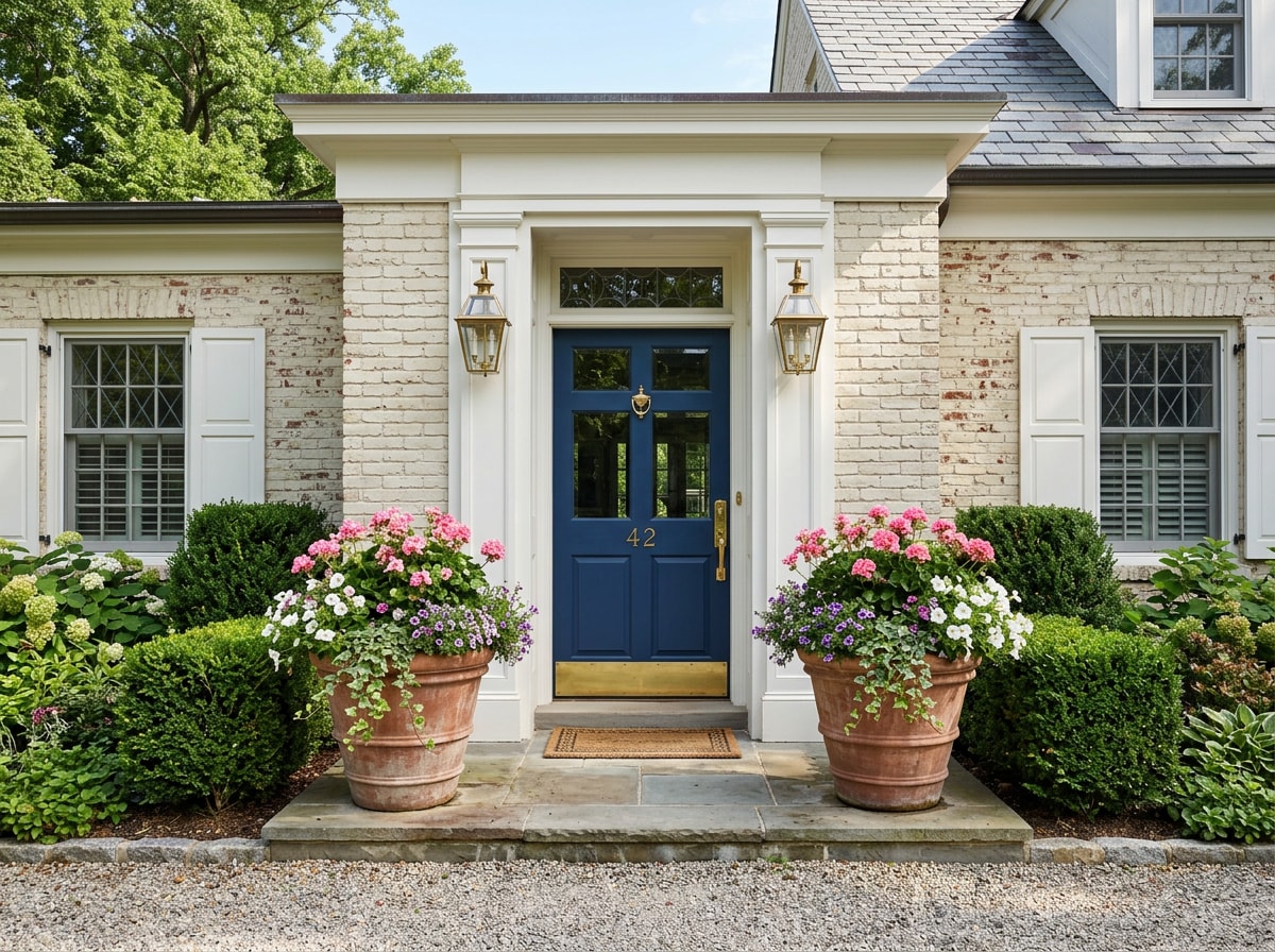 Symmetrical planters with matching containers placed on either side of a front door