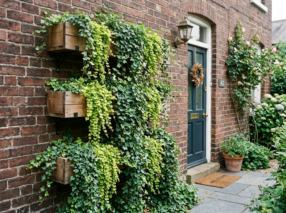 Wall-mounted planters with trailing plants cascading down a front yard wall
