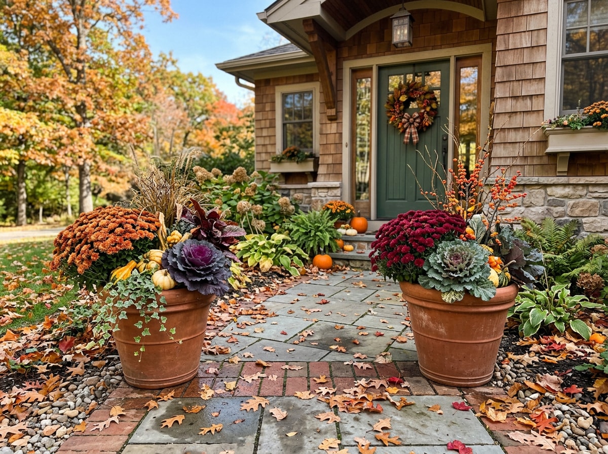Seasonal planters rotated with mums and ornamental kale for fall front yard color