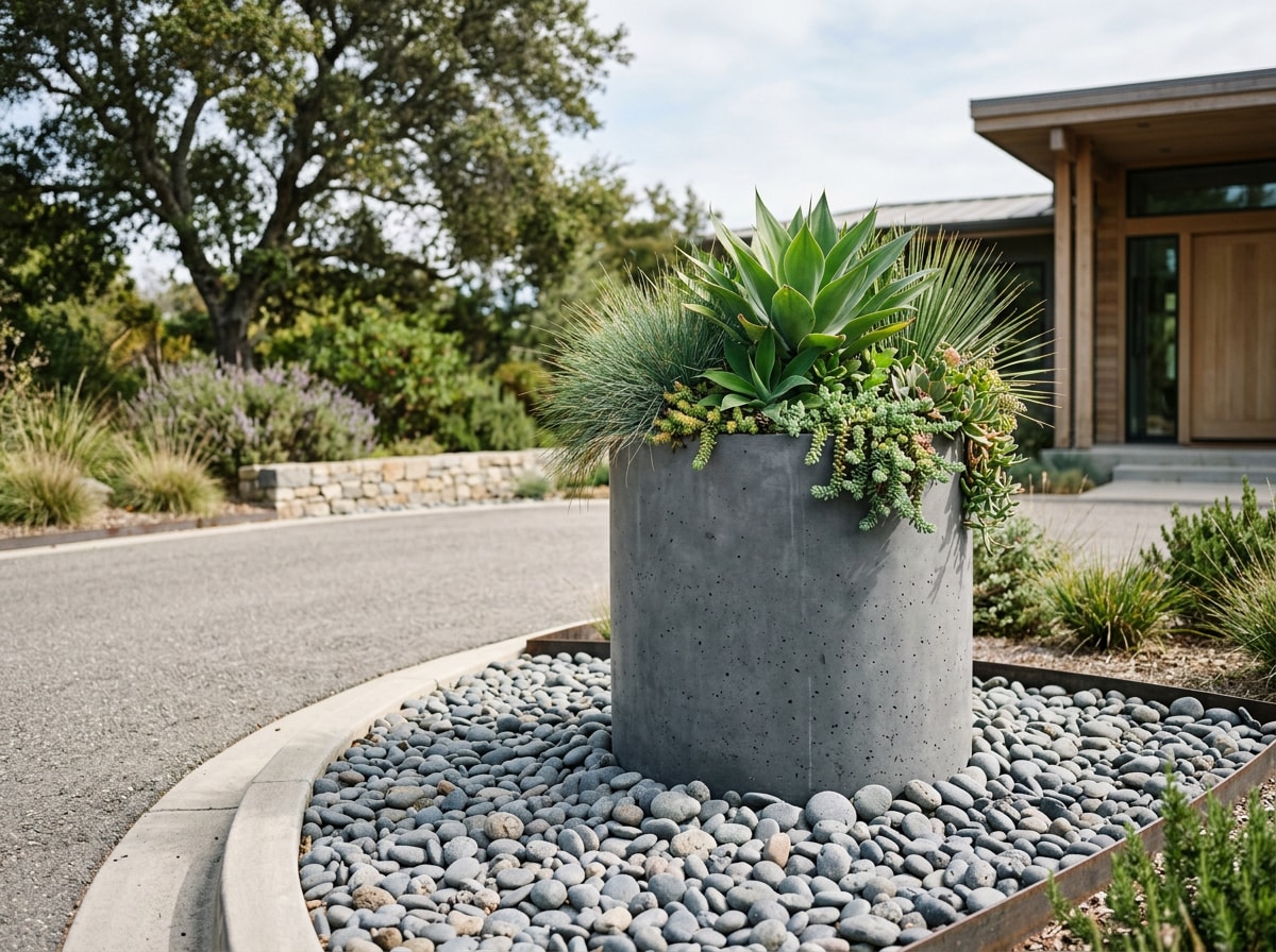 Large architectural pot set on a rock base as a front yard centerpiece