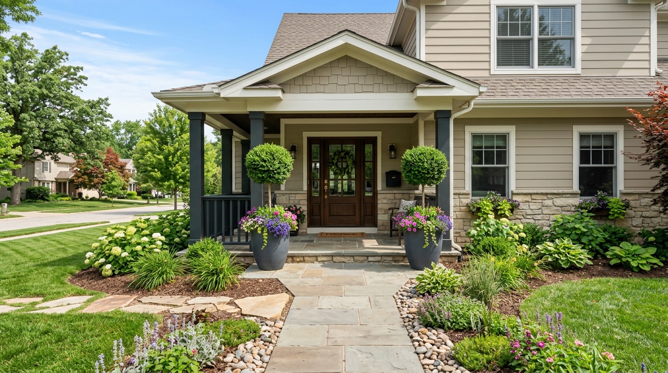 Front yard landscaping with pots at a Bel Aire, KS home entrance