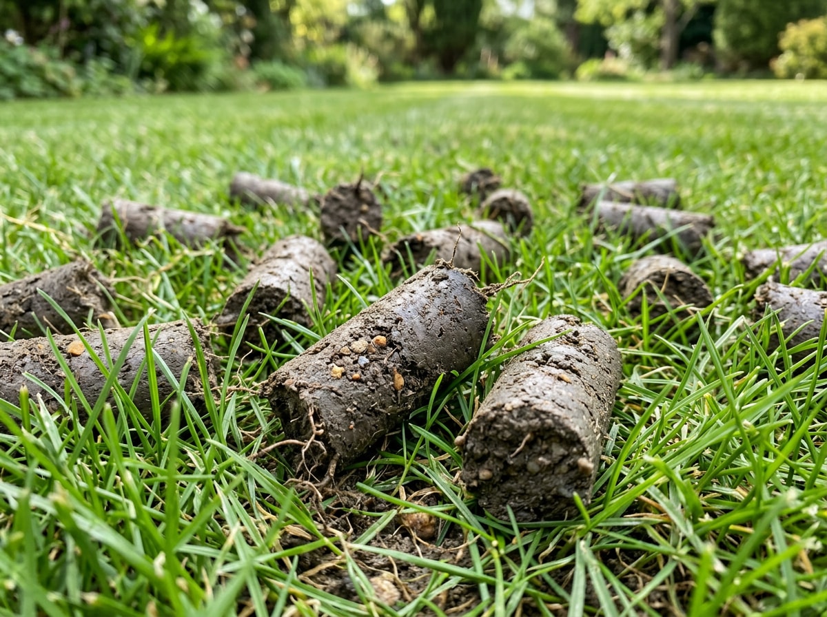Close-up of aeration soil plugs before lawn overseeding treatment