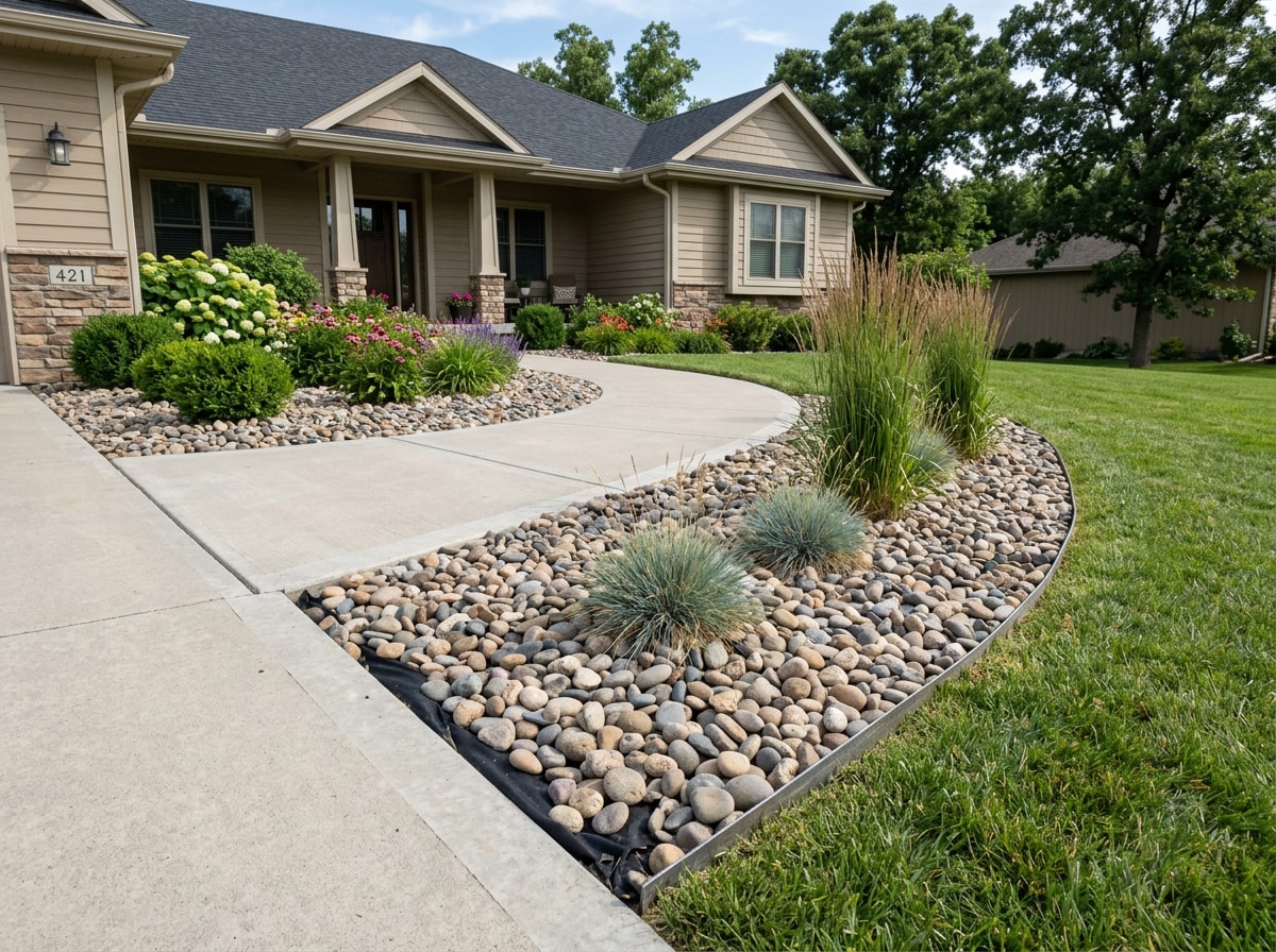 Low maintenance river rock bed lining a front walkway in an Andover, KS yard