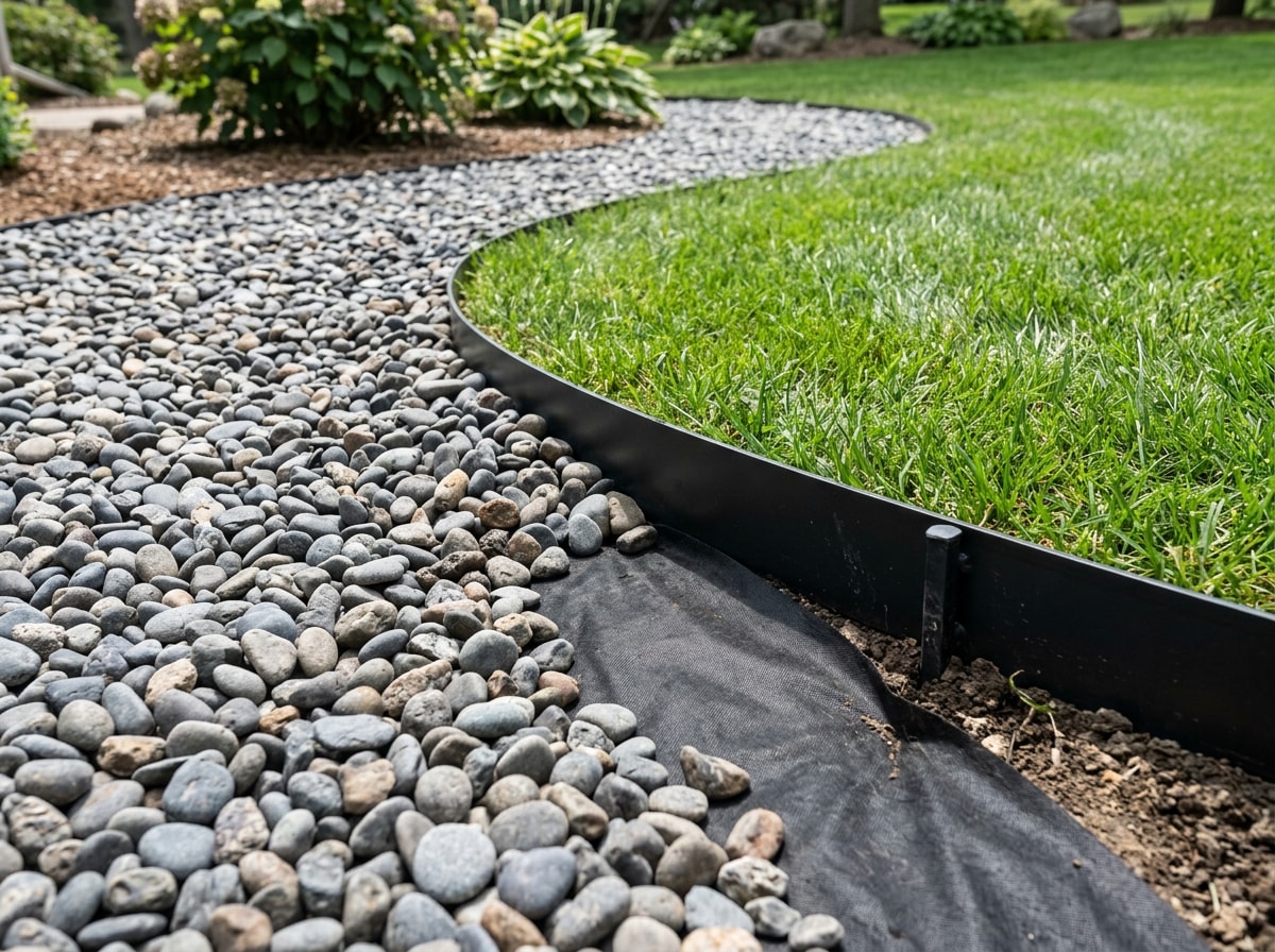 Freshly installed river rock bed with steel edging and landscape fabric visible at the border