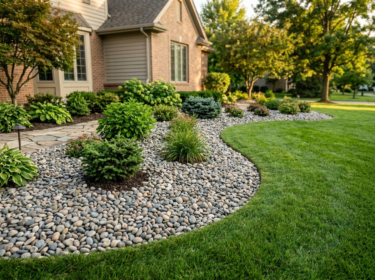Well-maintained river rock landscaping bed with clean edging and even stone coverage
