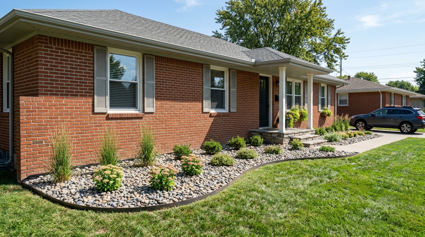Professionally installed low maintenance river rock landscaping bed along a home foundation