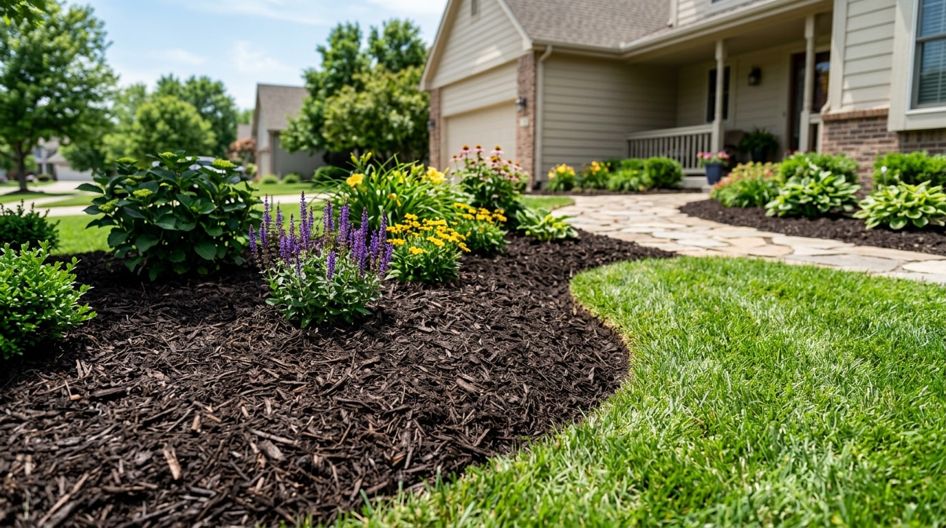 Freshly installed mulch bed in a Bel Aire, KS front yard landscape
