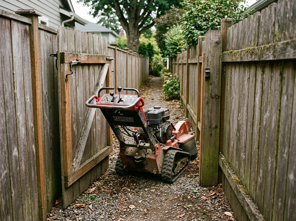 Compact stump grinder being maneuvered through a narrow backyard gate in Goddard, KS