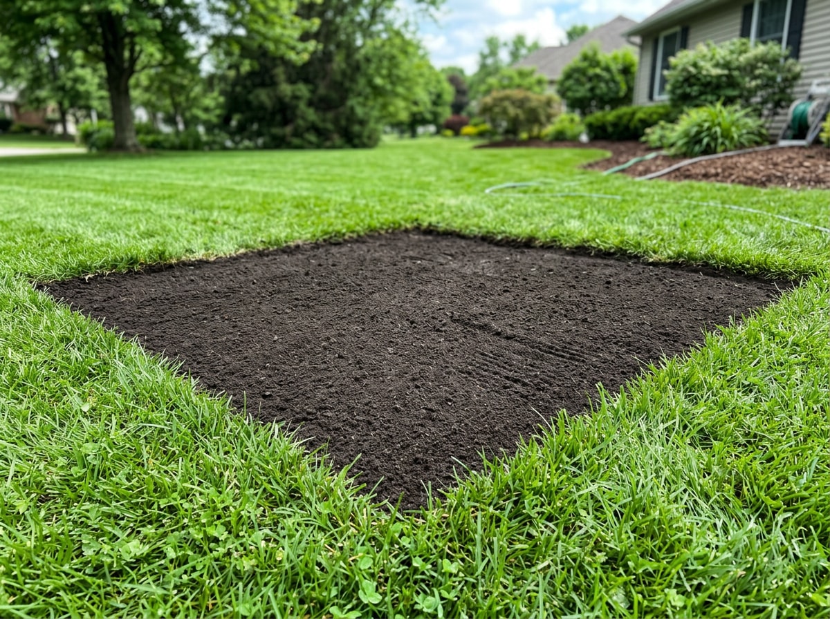 Freshly ground tree stump area leveled and ready for sod in a Goddard, KS yard