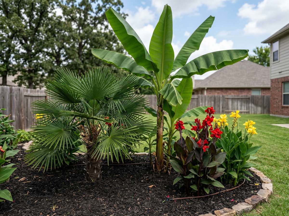 Cold-hardy tropical plants including needle palm, hardy banana, and canna lily grouped in a Kansas garden bed