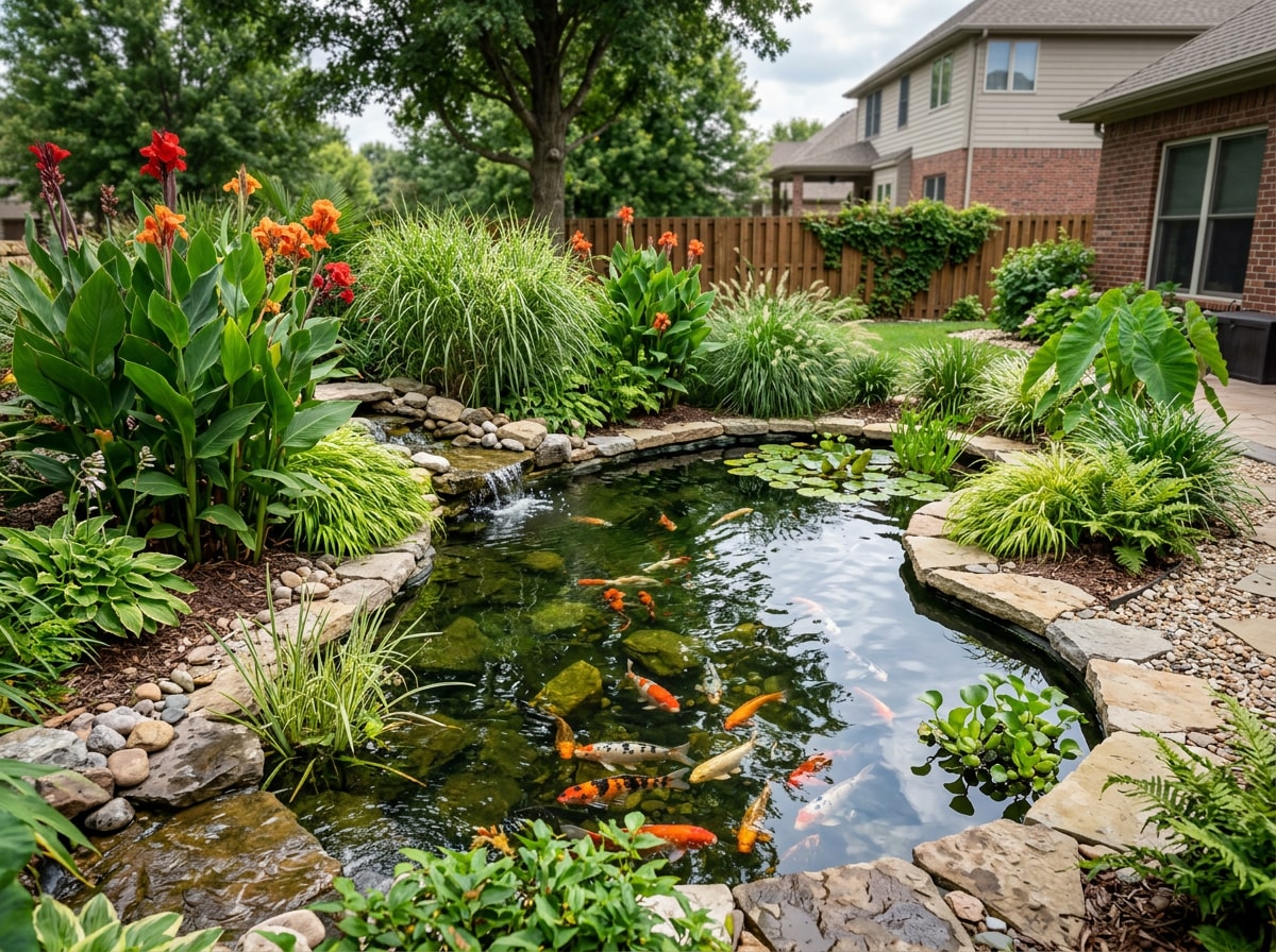 Backyard koi pond with tropical-style plantings in a Kansas landscape