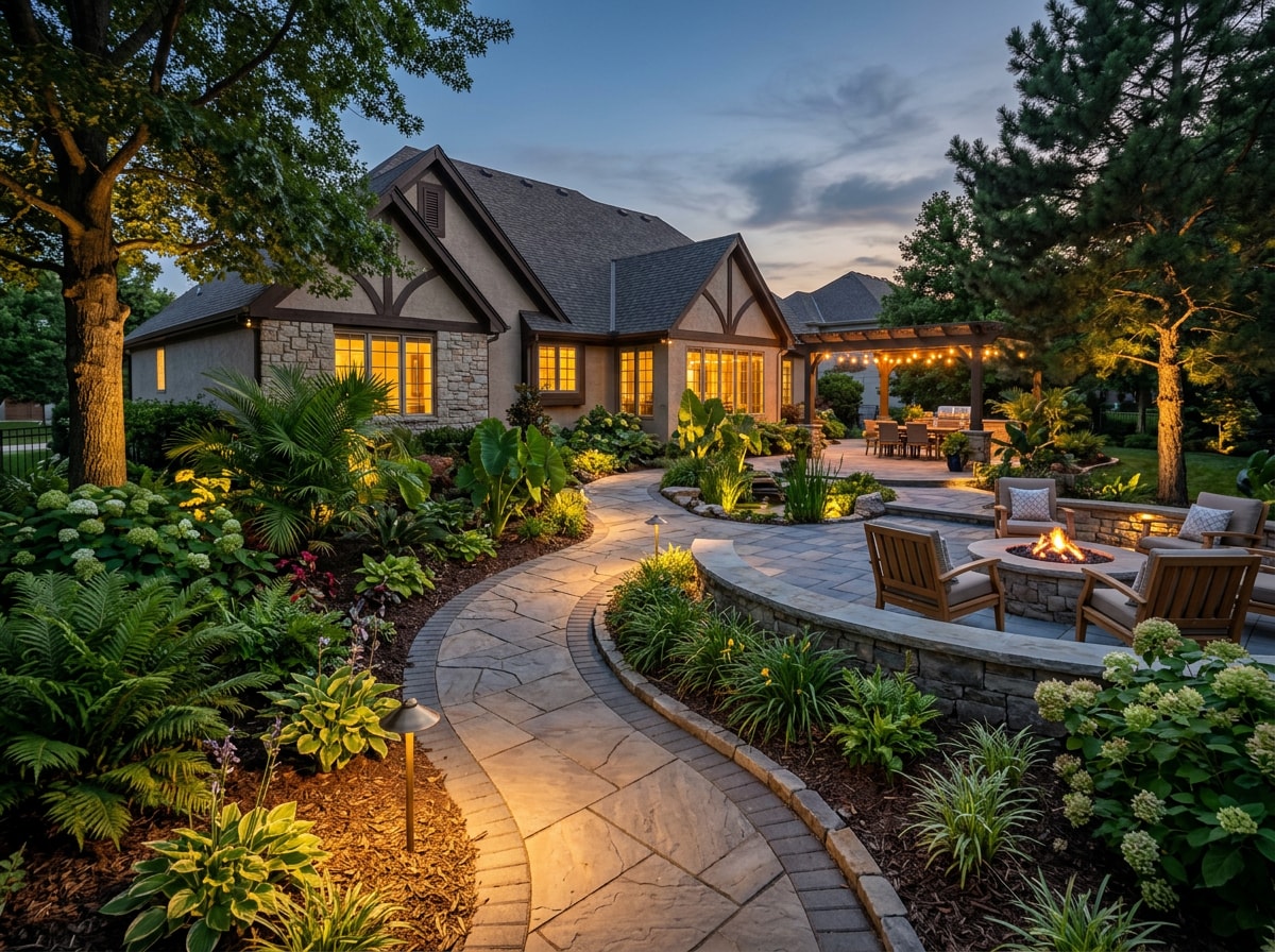 Professionally designed tropical-style backyard landscape with hardscaping and lighting in the Wichita, KS metro area