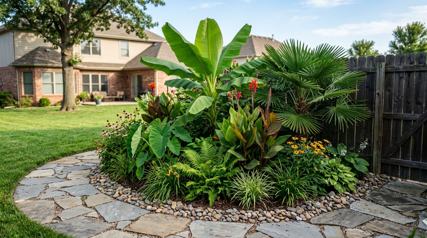 Tropical-style landscaping bed with hardy banana, canna lily, and needle palm in a Kansas backyard