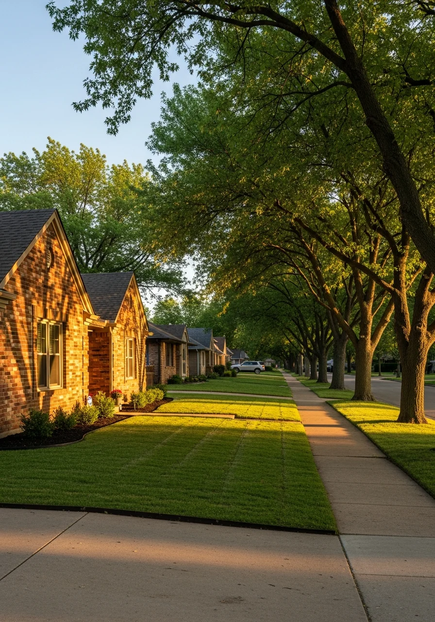 Residential street in Wichita with mature trees, brick homes, and well-maintained lawns typical of the city's established neighborhoods.