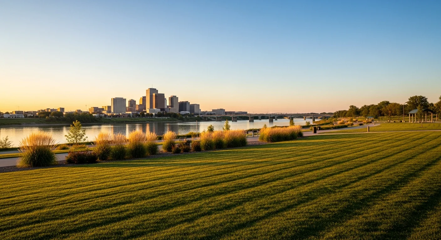 Wichita skyline at dusk with downtown buildings reflected in water, showing the city's urban core and surrounding neighborhoods.