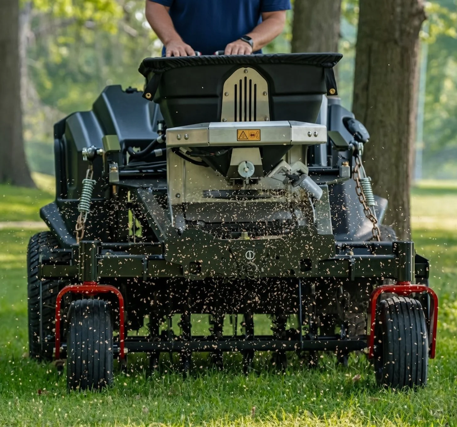 A Wichita residential lawn showing rows of small soil plugs left on the grass surface after core aeration, with fresh grass seed spread across the turf. The yard has visible thin patches beginning to fill in following a professional aeration and over-seeding service.