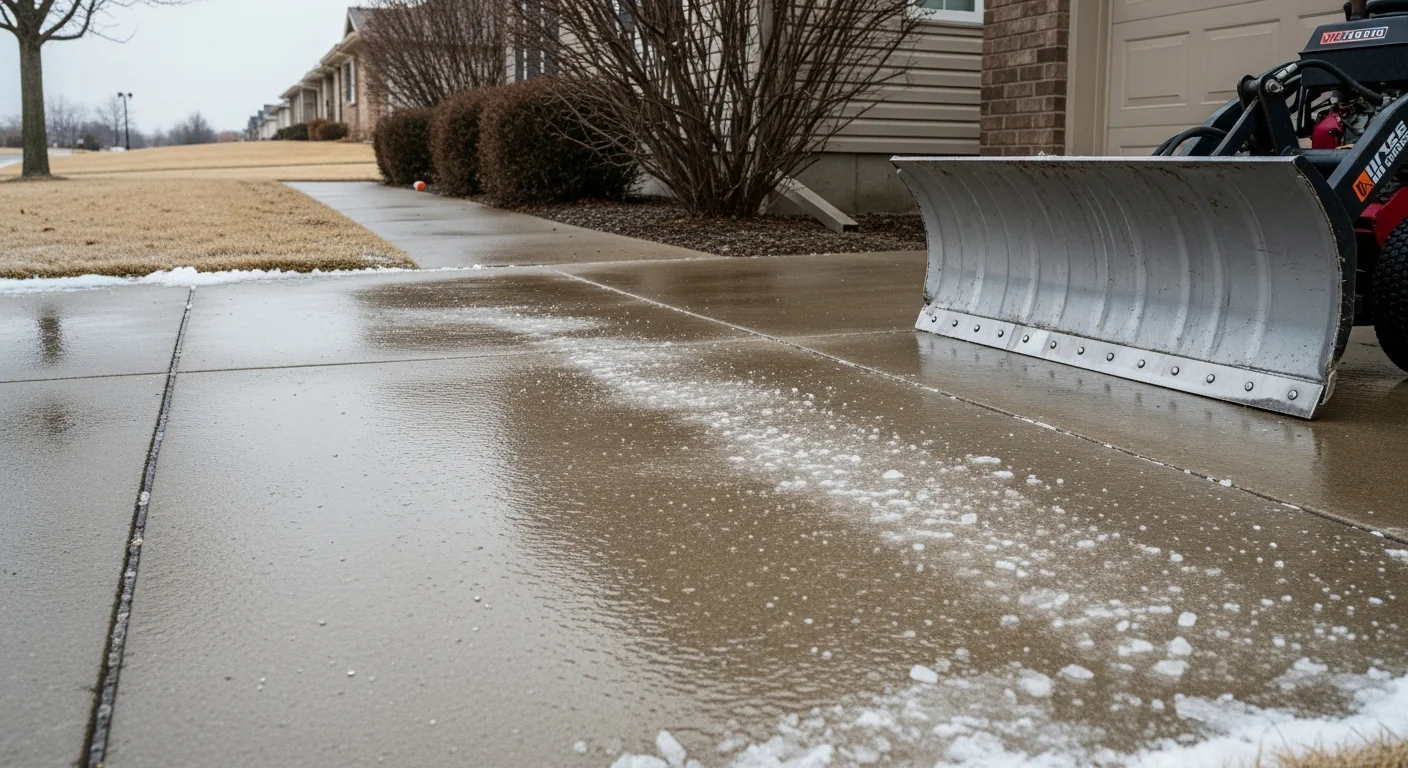 A fully cleared residential driveway in Wichita, Kansas after a winter storm, with snow pushed to the edges and a dry, accessible path to the garage. A Stellar Lawn Care LLC crew member operates a snow blower on the concrete surface while light snow remains on the surrounding lawn.