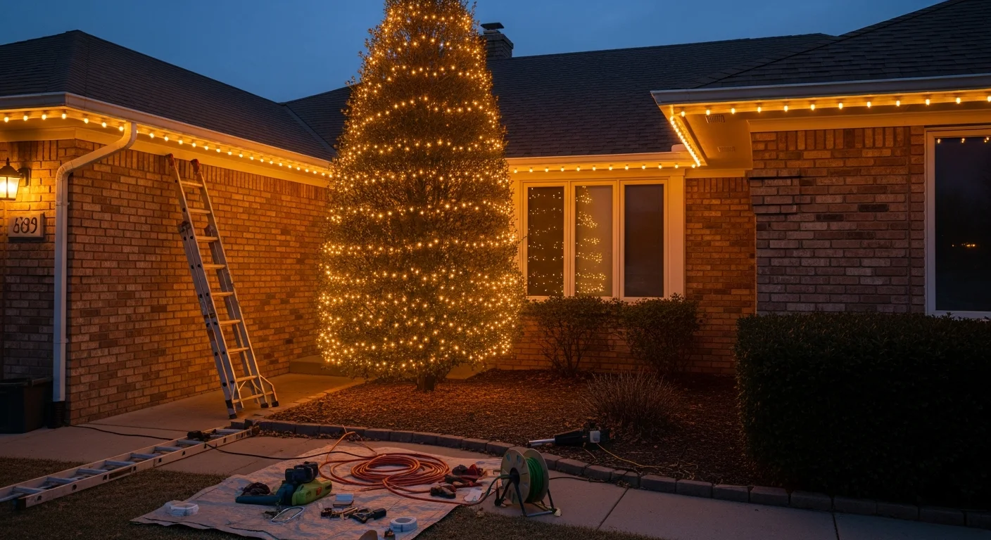 A Wichita residential home at dusk with professional exterior holiday lights installed along the roofline, front walkway, and landscaping shrubs. The display is evenly spaced and fully lit against a darkening Kansas sky.