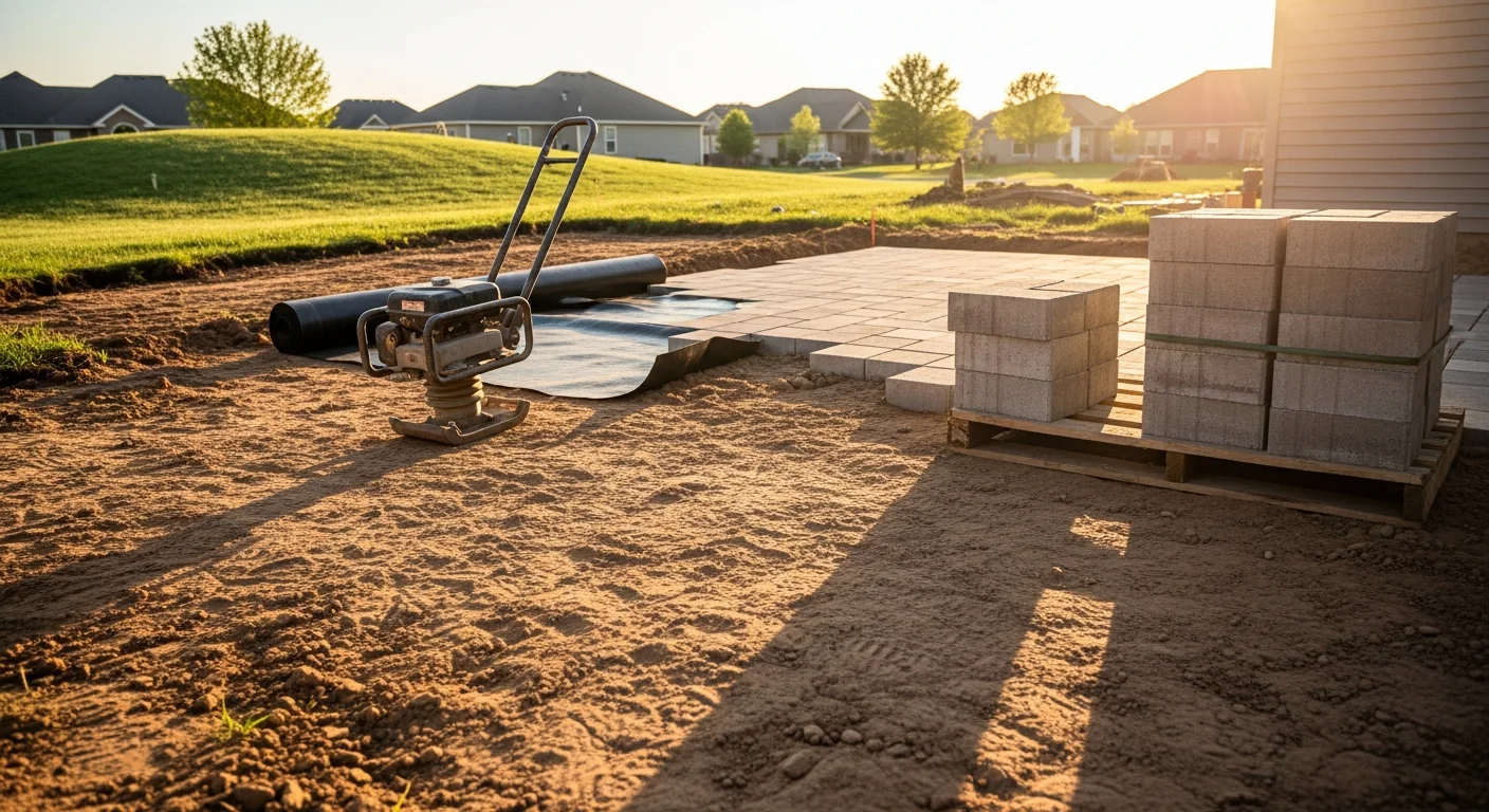 Newly installed paver patio and stone retaining wall in a Wichita backyard, showing level surfaces and clean transitions between lawn and hardscape. The project includes a defined seating area with structured edges built to handle Kansas soil and seasonal weather.