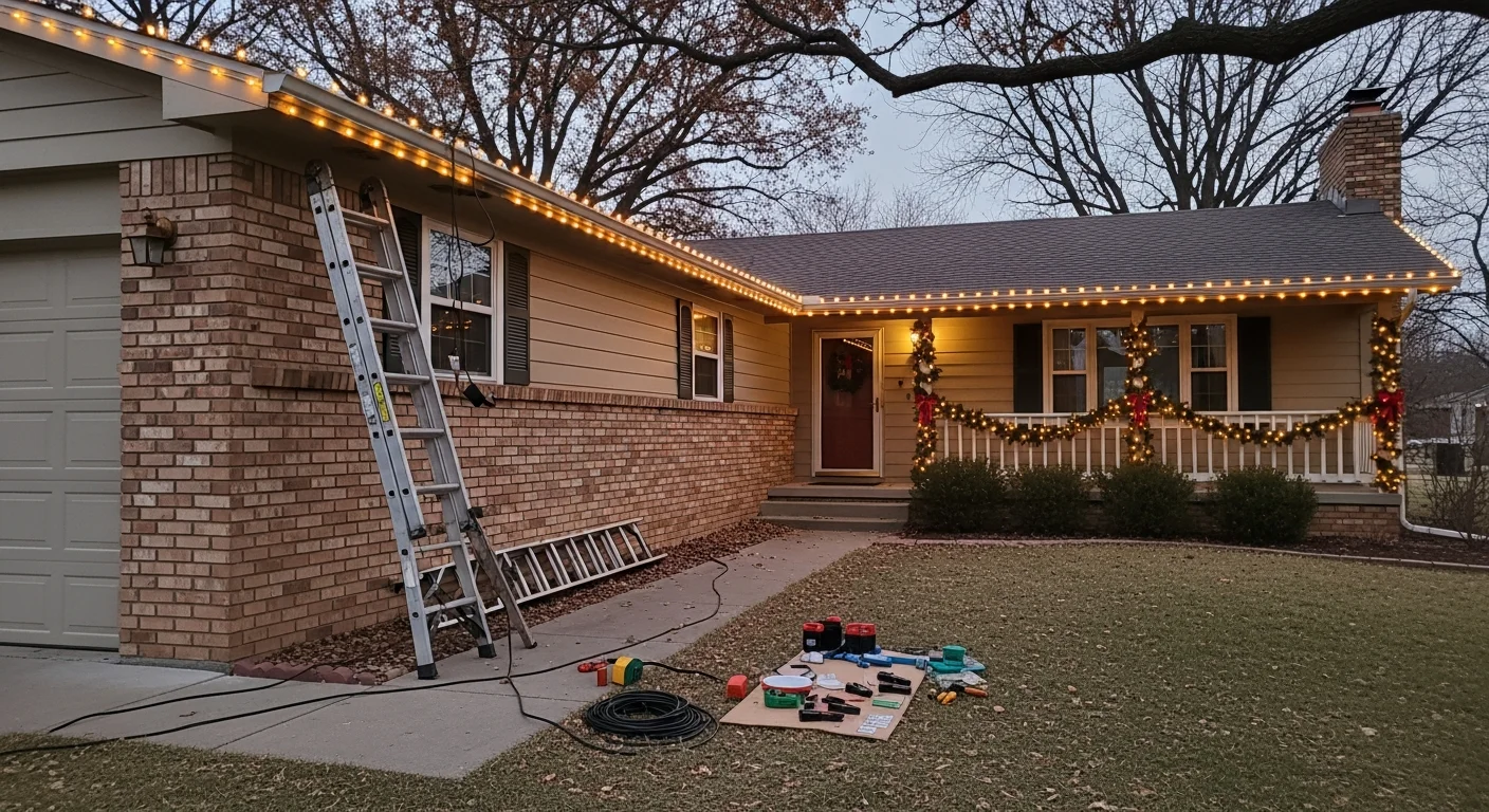 A Wichita residential home with holiday lights installed along the roofline, gutters, and front walkway by Stellar Lawn Care LLC. The display shows evenly spaced warm-white lights against a winter evening sky.