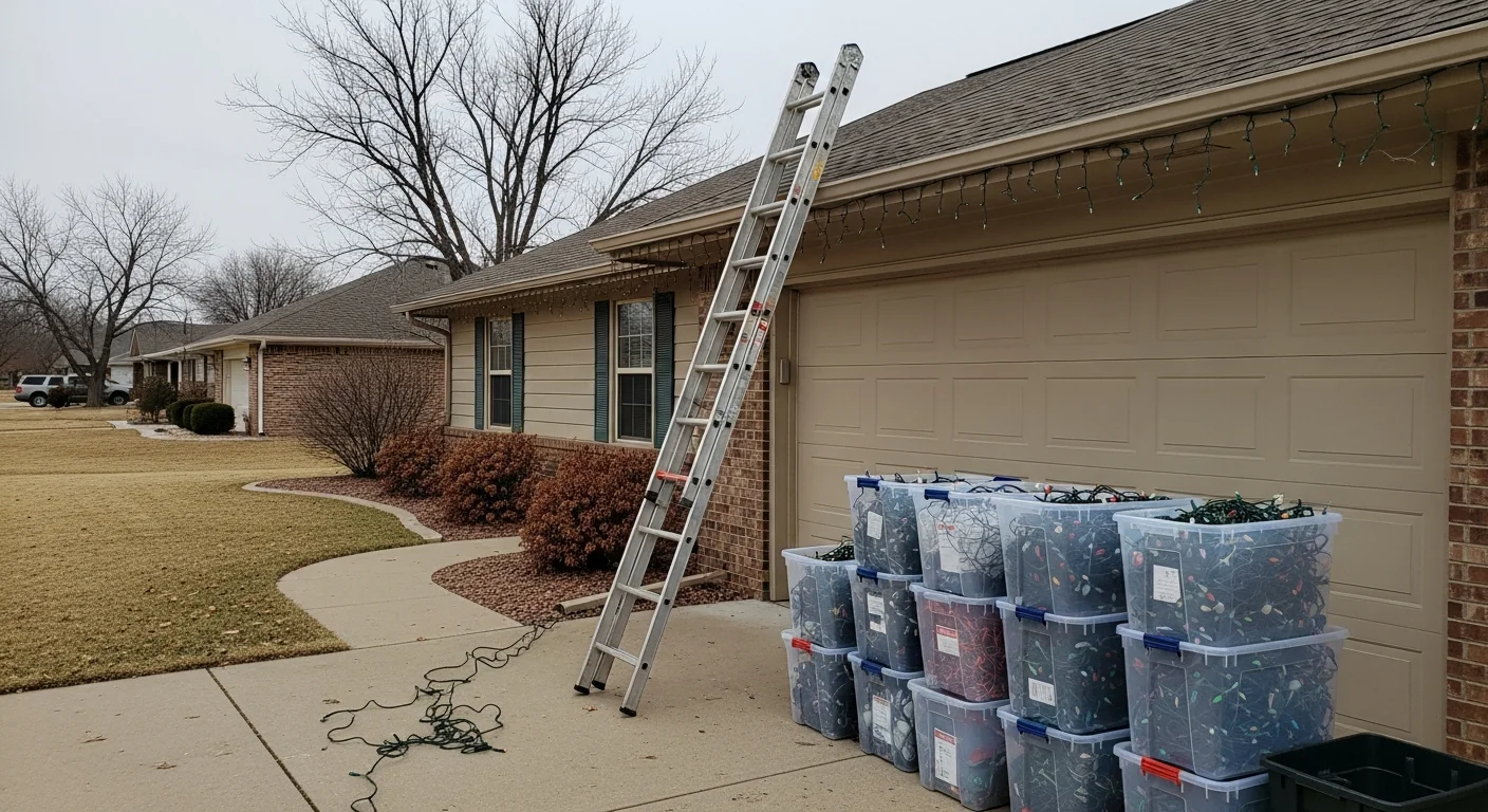 A Wichita home with all holiday lights and clips fully removed from the roofline and front yard trees, leaving a clean exterior in post-season winter conditions. A Stellar Lawn Care LLC crew member stands on the ground organizing packed light strands beside the property.
