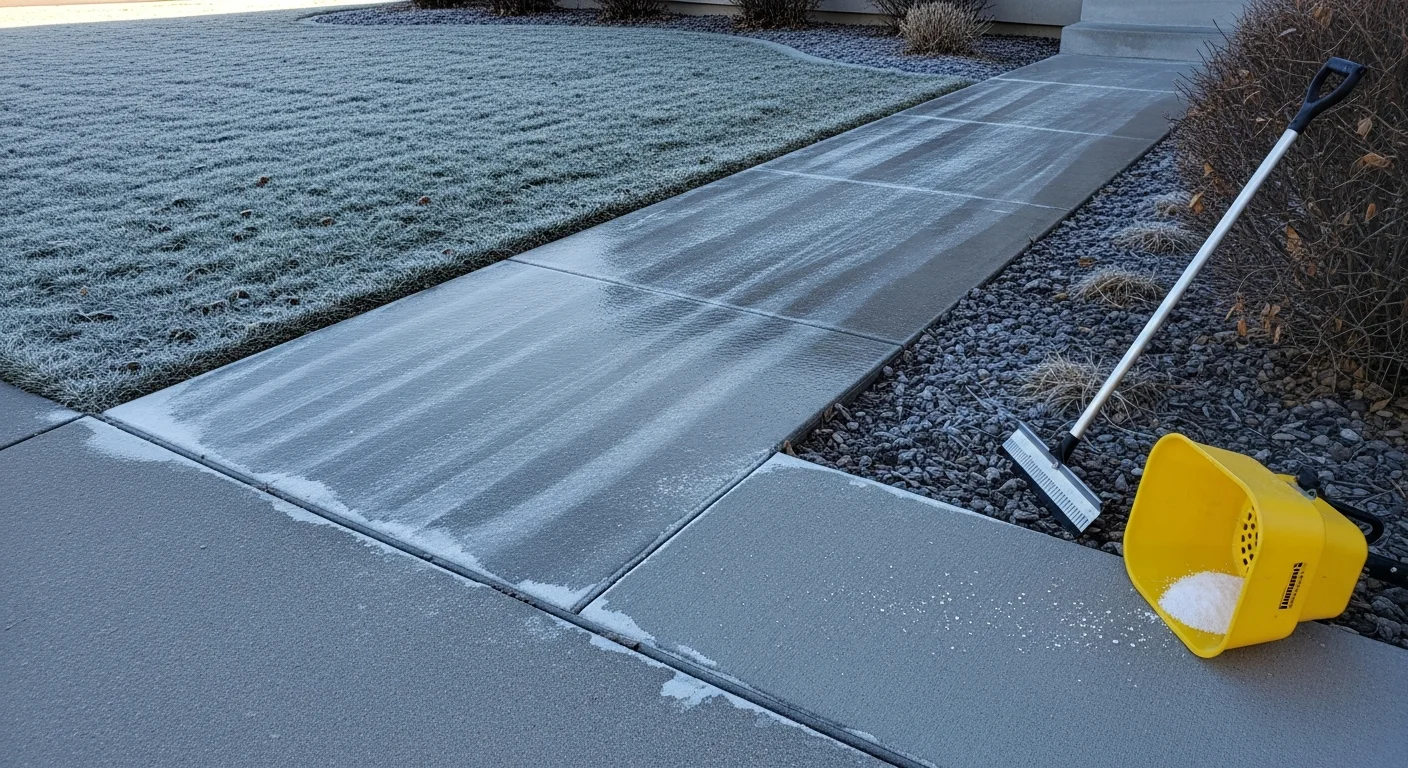 A cleared and treated residential driveway and front walkway in Wichita, Kansas after a freezing rain event, with visible ice removed from the concrete surface and entry steps. The adjoining sidewalk is also clear, showing a safe path from the street to the front door.