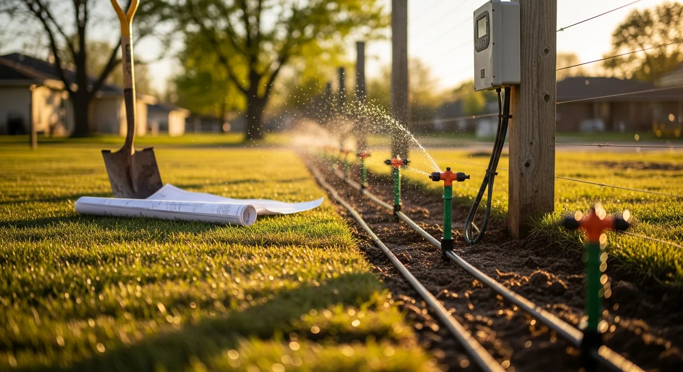 A freshly installed in-ground irrigation system running across a green residential lawn in Wichita, Kansas, with sprinkler heads evenly spaced across multiple watering zones. The surrounding turf shows consistent coverage with no dry patches visible along the property edge.