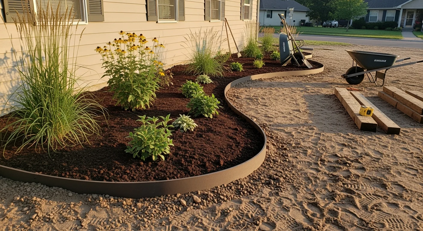 A finished residential landscape construction project in Wichita, Kansas, showing a paver patio, defined planting beds with native shrubs, and clean lawn edging. The yard reflects graded drainage and Zone 6b plant selections suited to the local climate.