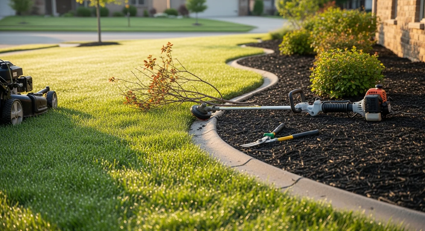 A neatly mowed and edged residential lawn in Wichita, Kansas with trimmed shrubs and clean planting beds along the front of the home. The turf shows uniform cut lines and defined borders between the grass and landscape beds.
